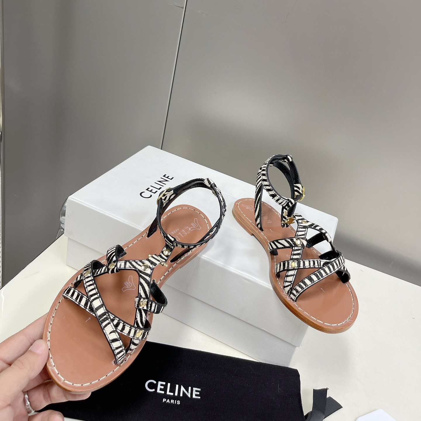 Celine Taillat Triomphe Sandal In Zebra Printed Hairy Calfskin Black/White - PerfectKickZ