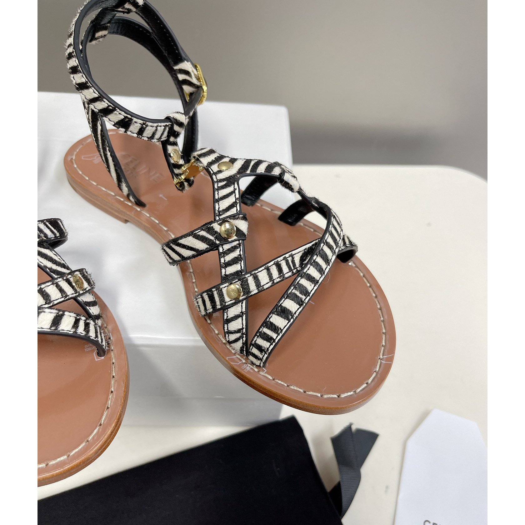 Celine Taillat Triomphe Sandal In Zebra Printed Hairy Calfskin Black/White - PerfectKickZ