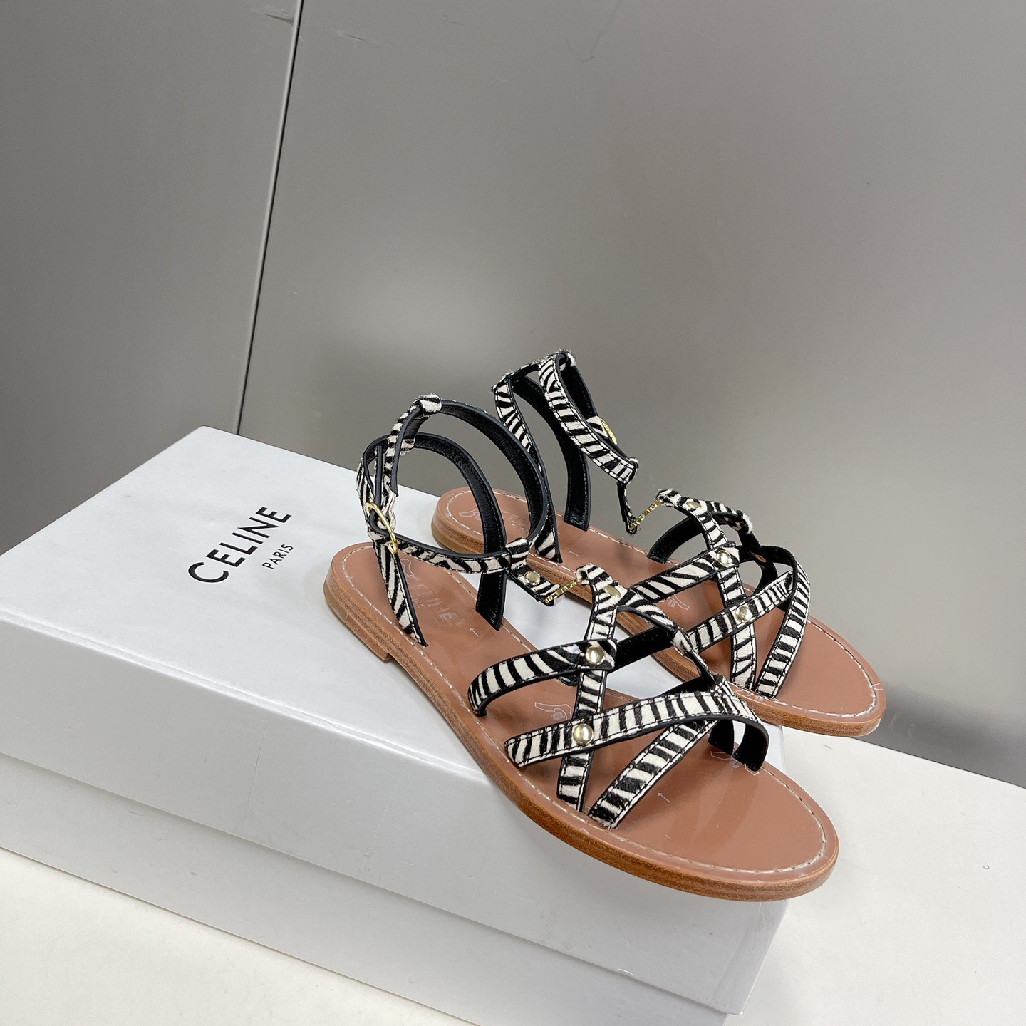 Celine Taillat Triomphe Sandal In Zebra Printed Hairy Calfskin Black/White - PerfectKickZ