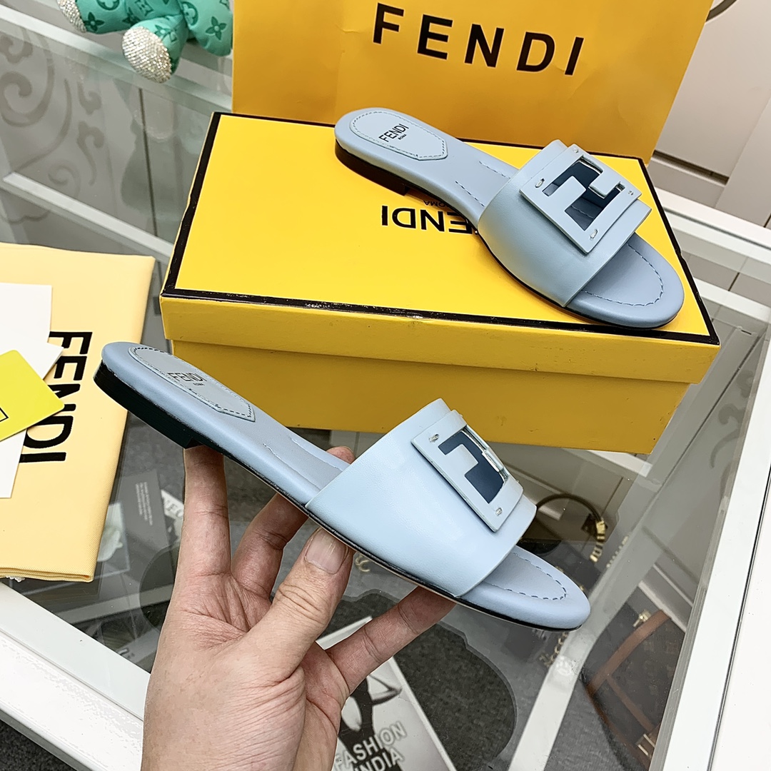 Fendi Signature Light Blue Leather Slides - PerfectKickZ