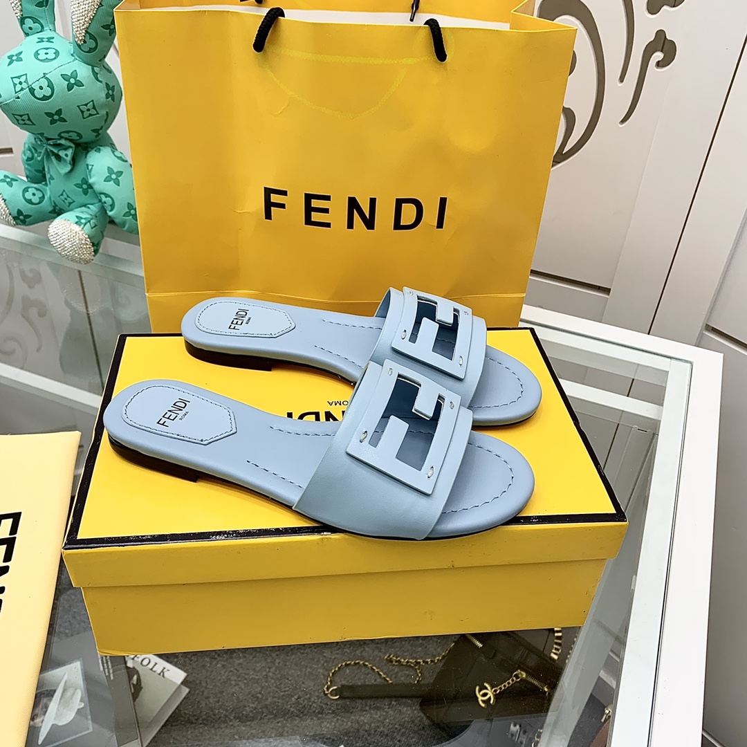 Fendi Signature Light Blue Leather Slides - PerfectKickZ