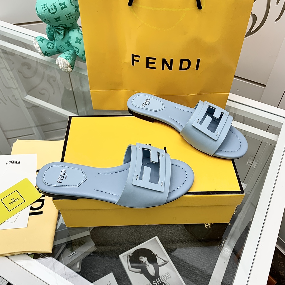 Fendi Signature Light Blue Leather Slides - PerfectKickZ