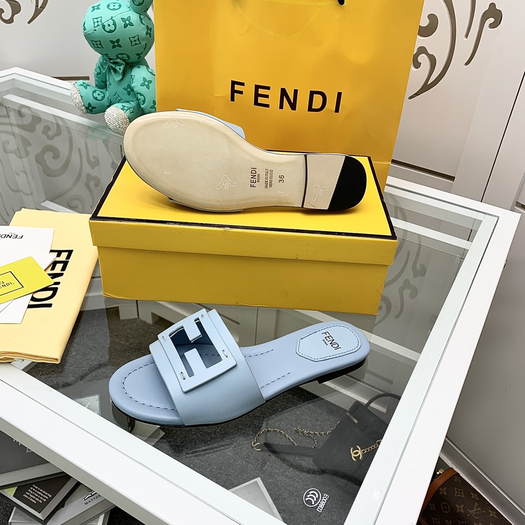 Fendi Signature Light Blue Leather Slides - PerfectKickZ
