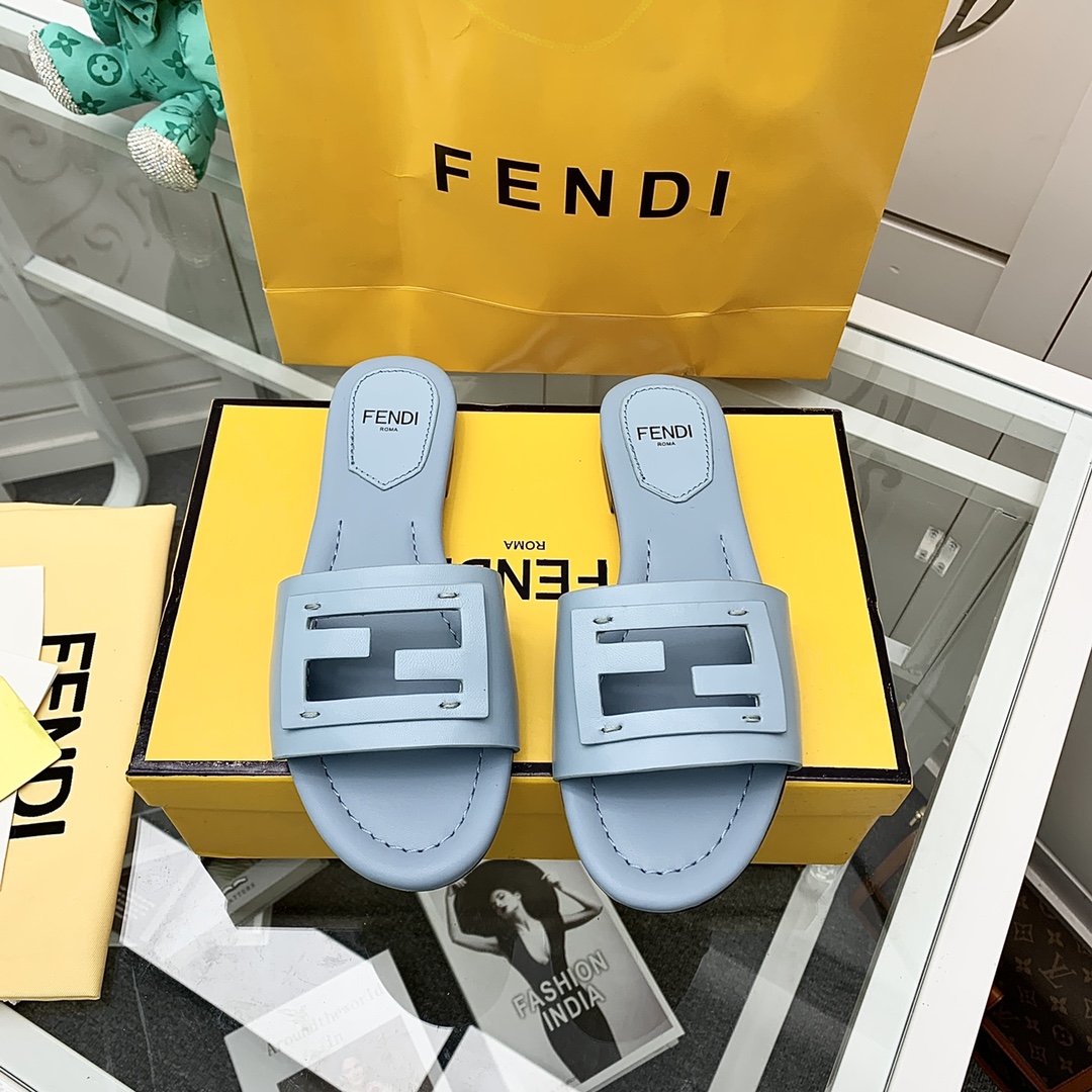 Fendi Signature Light Blue Leather Slides - PerfectKickZ