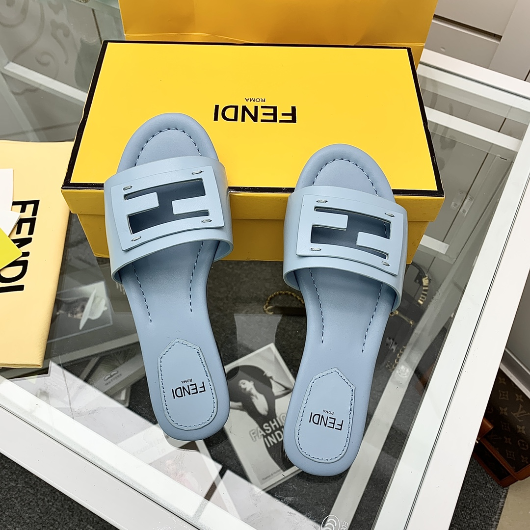 Fendi Signature Light Blue Leather Slides - PerfectKickZ
