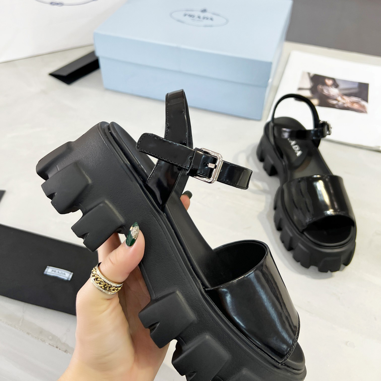 Prada Monolith Brushed Leather Sandals - PerfectKickZ