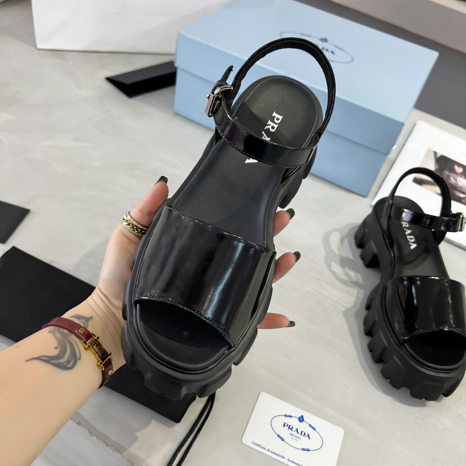 Prada Monolith Brushed Leather Sandals - PerfectKickZ