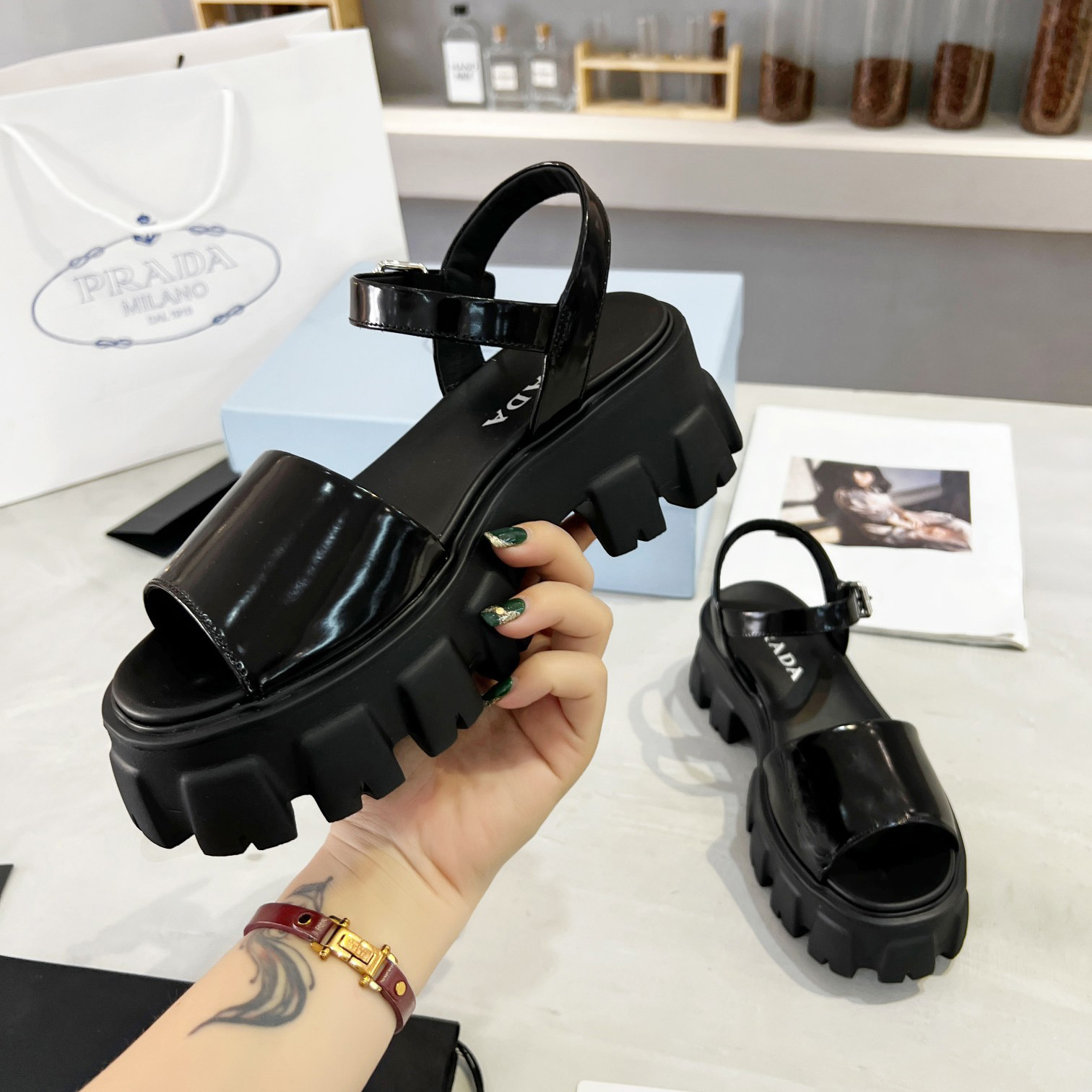 Prada Monolith Brushed Leather Sandals - PerfectKickZ