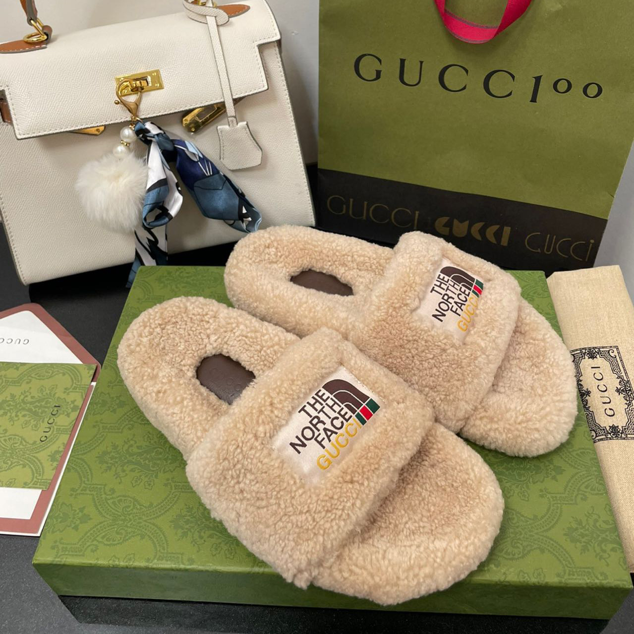Gucci x The North Face Women's Slide Sandal With Wool - PerfectKickZ