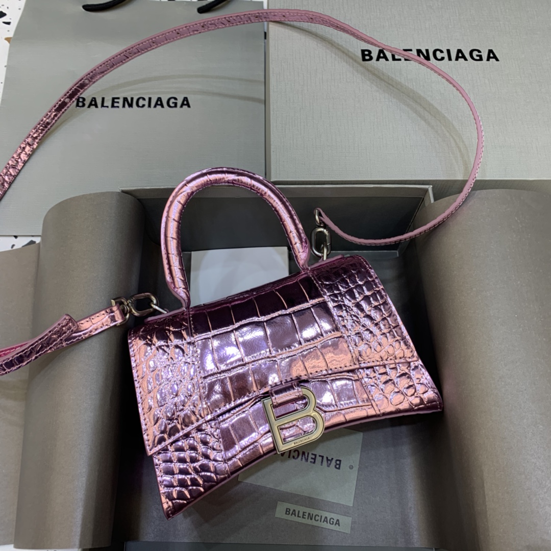 Balenciaga Hourglass Handbag In Pink Metallized Crocodile Embossed (23-10-14CM) - PerfectKickZ