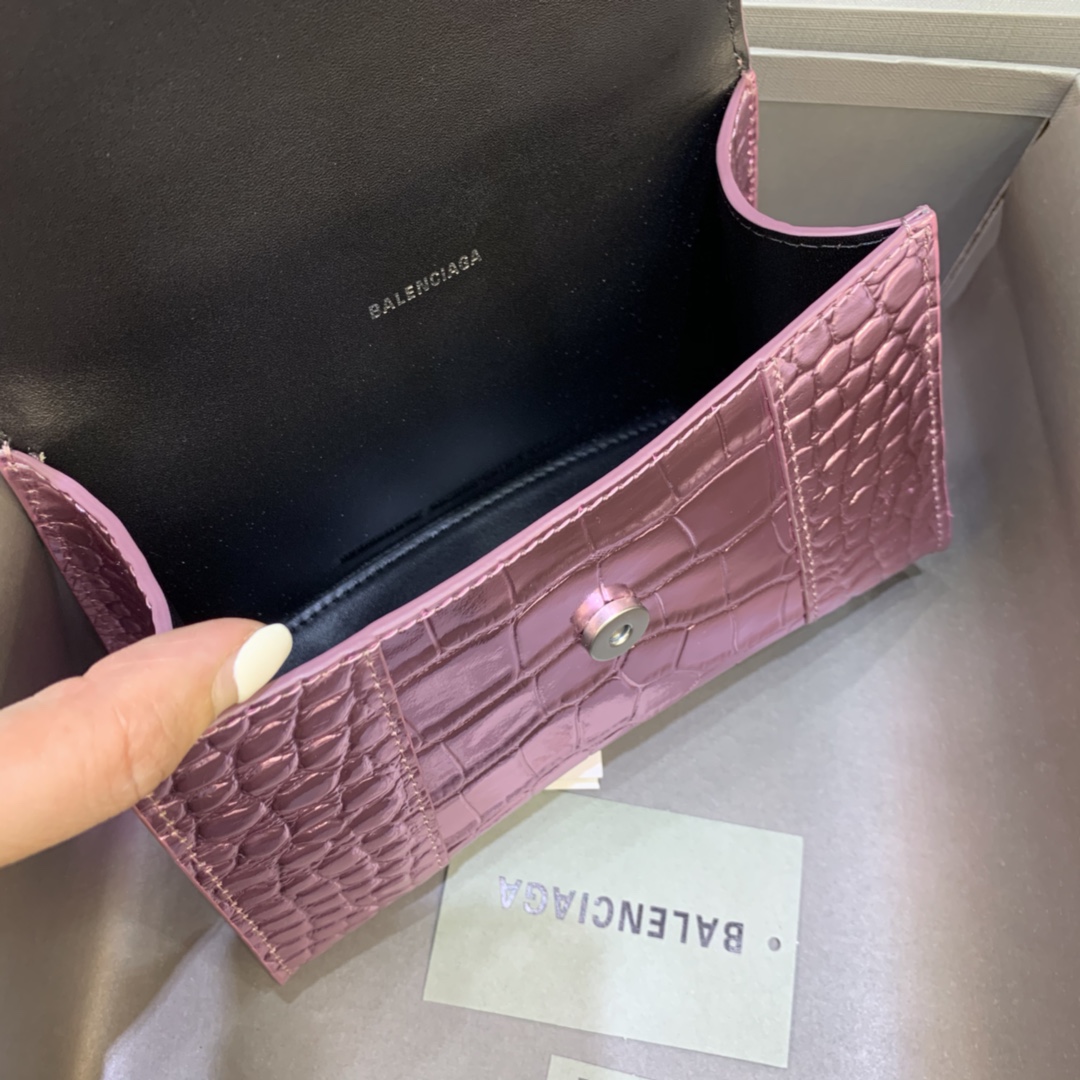 Balenciaga Hourglass Handbag In Pink Metallized Crocodile Embossed (23-10-14CM) - PerfectKickZ