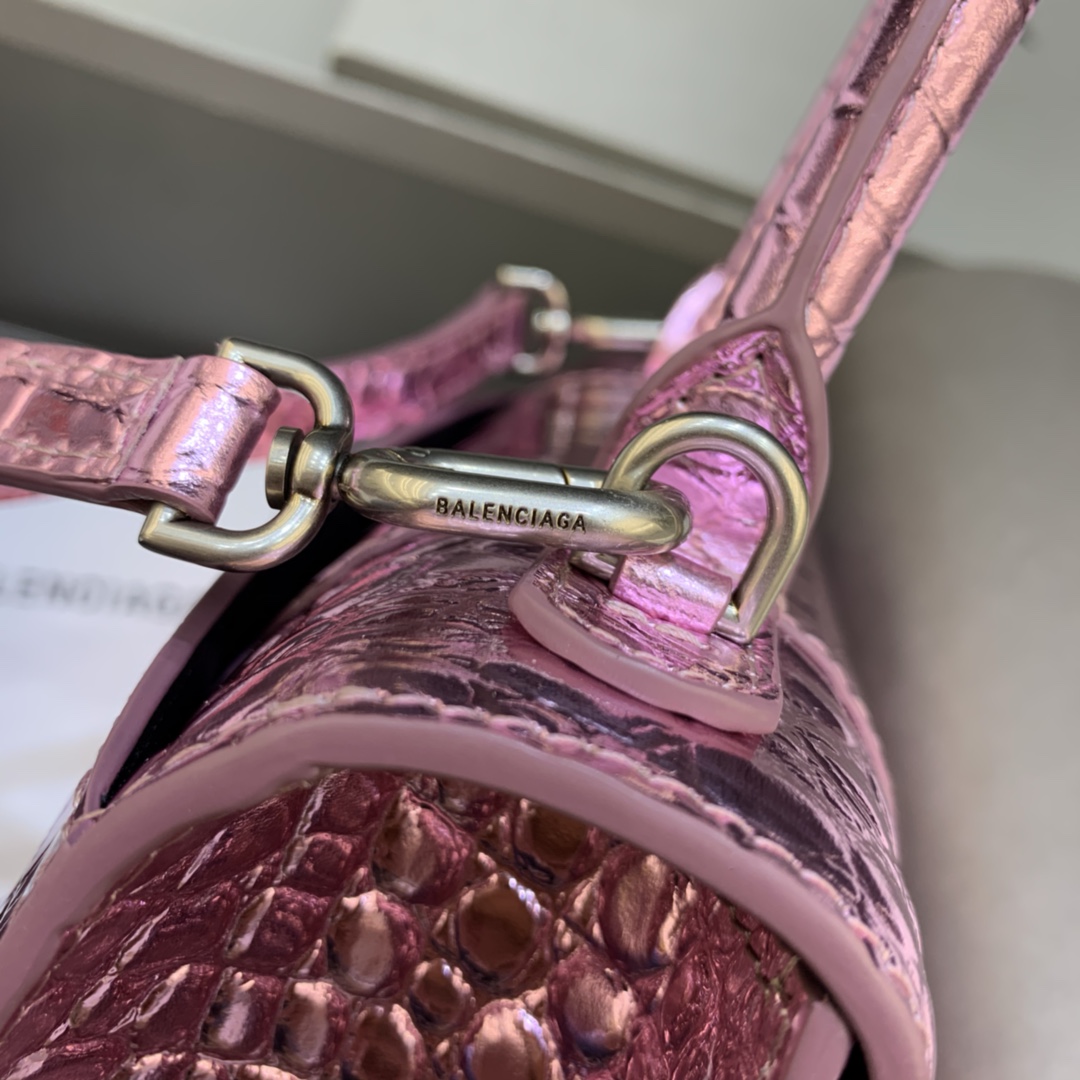 Balenciaga Hourglass Handbag In Pink Metallized Crocodile Embossed (23-10-14CM) - PerfectKickZ