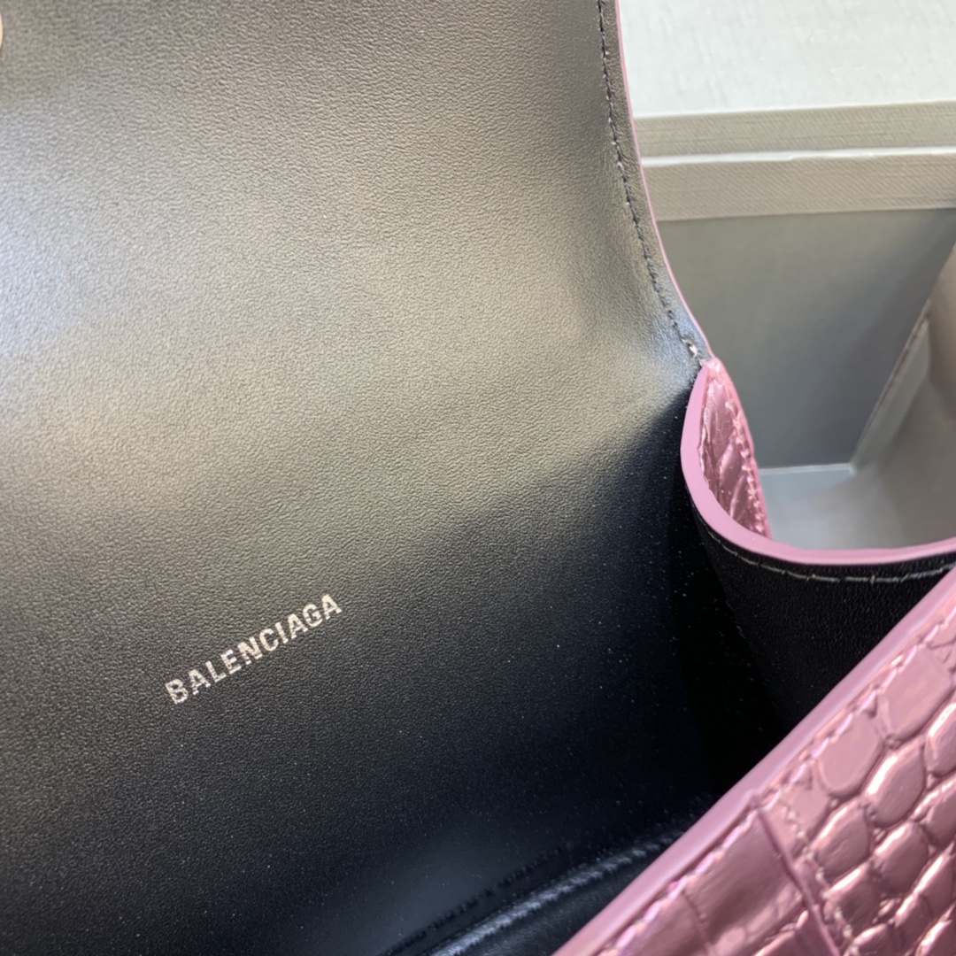 Balenciaga Hourglass Handbag In Pink Metallized Crocodile Embossed (23-10-14CM) - PerfectKickZ