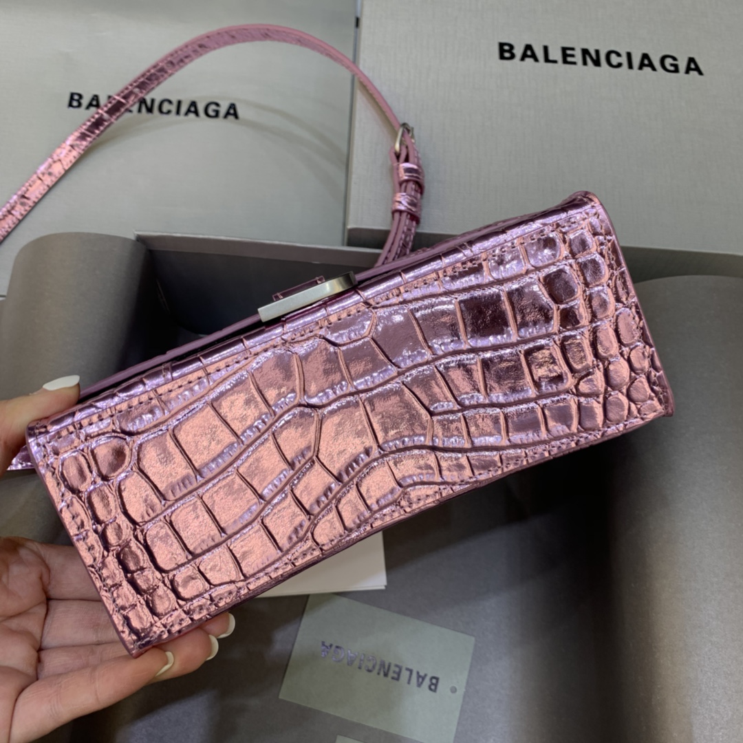 Balenciaga Hourglass Handbag In Pink Metallized Crocodile Embossed (23-10-14CM) - PerfectKickZ