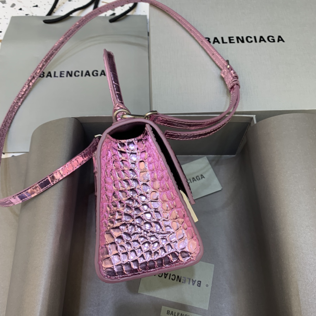 Balenciaga Hourglass Handbag In Pink Metallized Crocodile Embossed (23-10-14CM) - PerfectKickZ