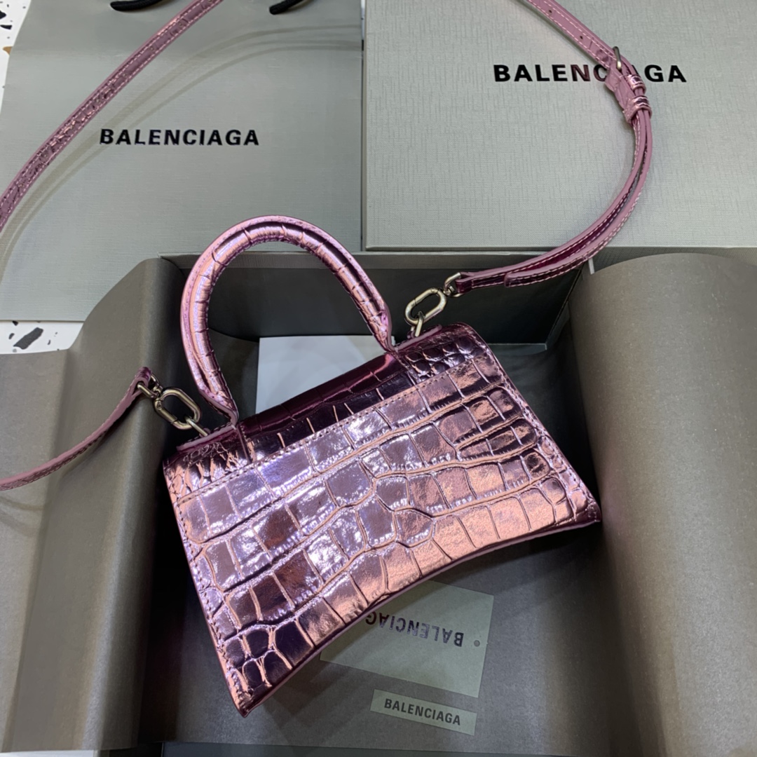 Balenciaga Hourglass Handbag In Pink Metallized Crocodile Embossed (23-10-14CM) - PerfectKickZ