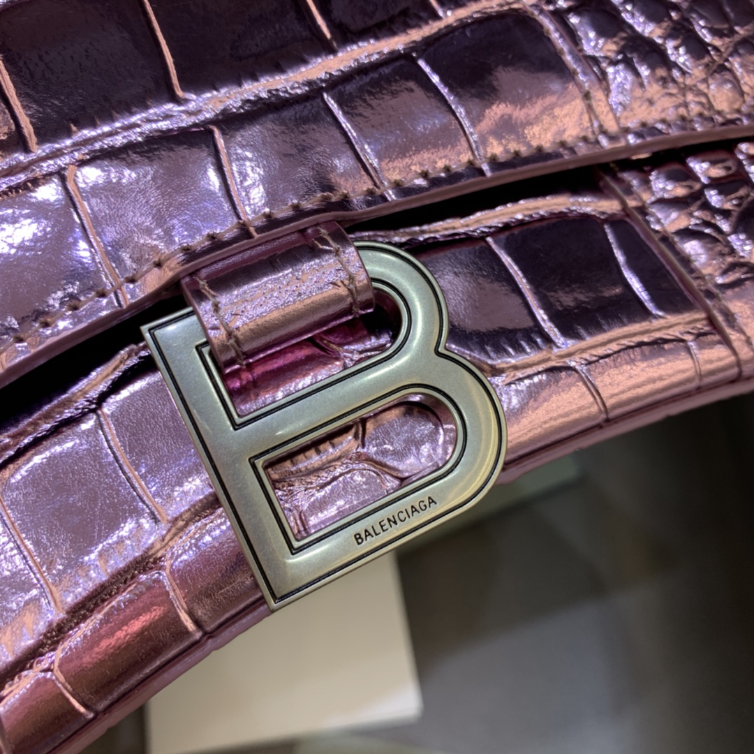 Balenciaga Hourglass Handbag In Pink Metallized Crocodile Embossed (23-10-14CM) - PerfectKickZ