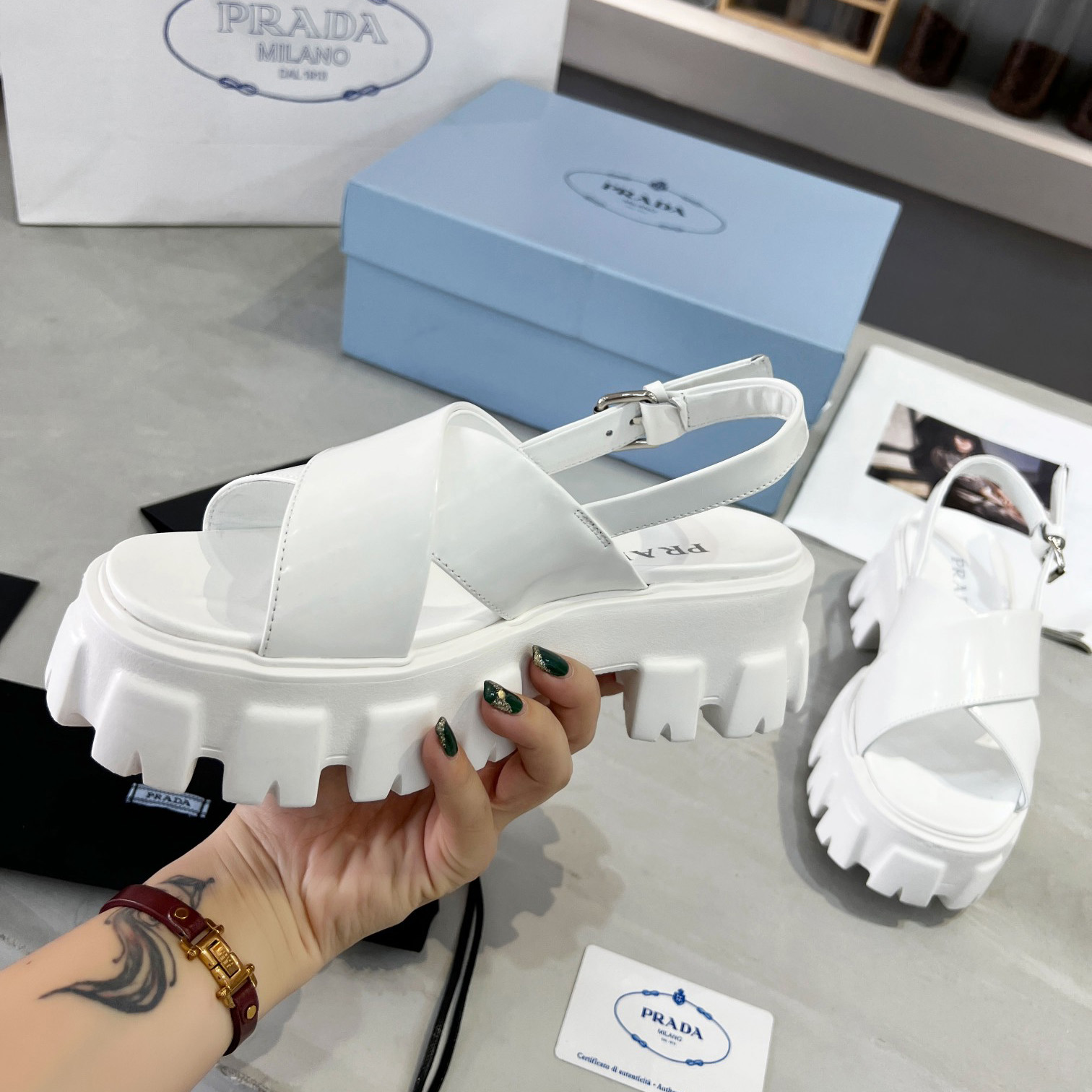 Prada Monolith Brushed Leather Sandals - PerfectKickZ