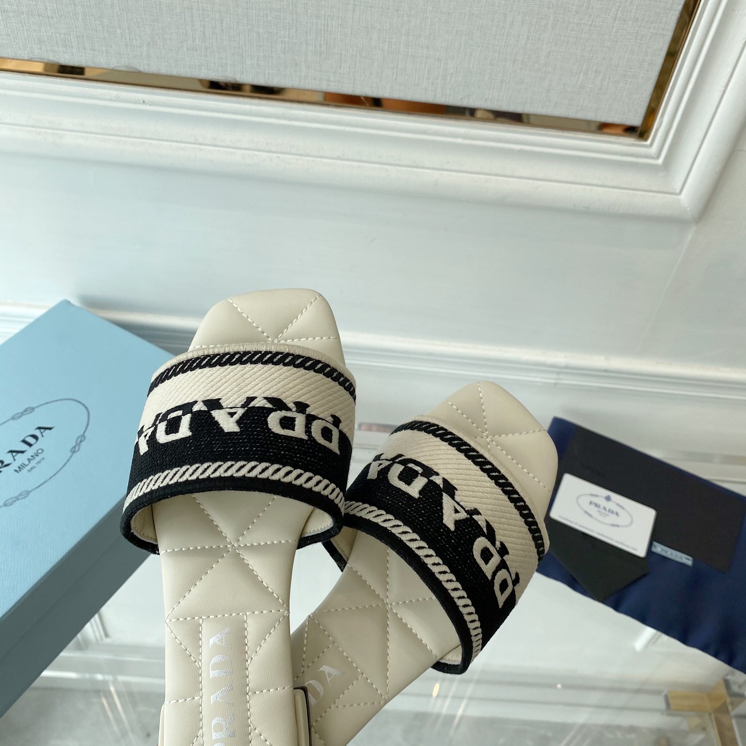 Prada Embroidered Fabric Slides - PerfectKickZ