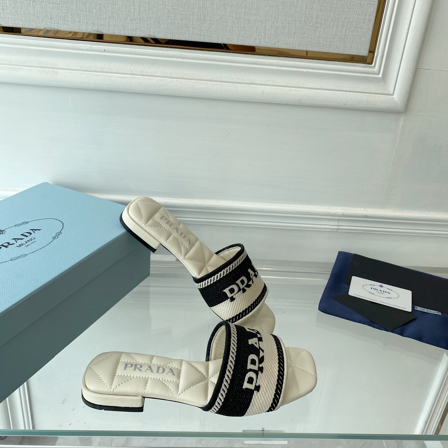 Prada Embroidered Fabric Slides - PerfectKickZ