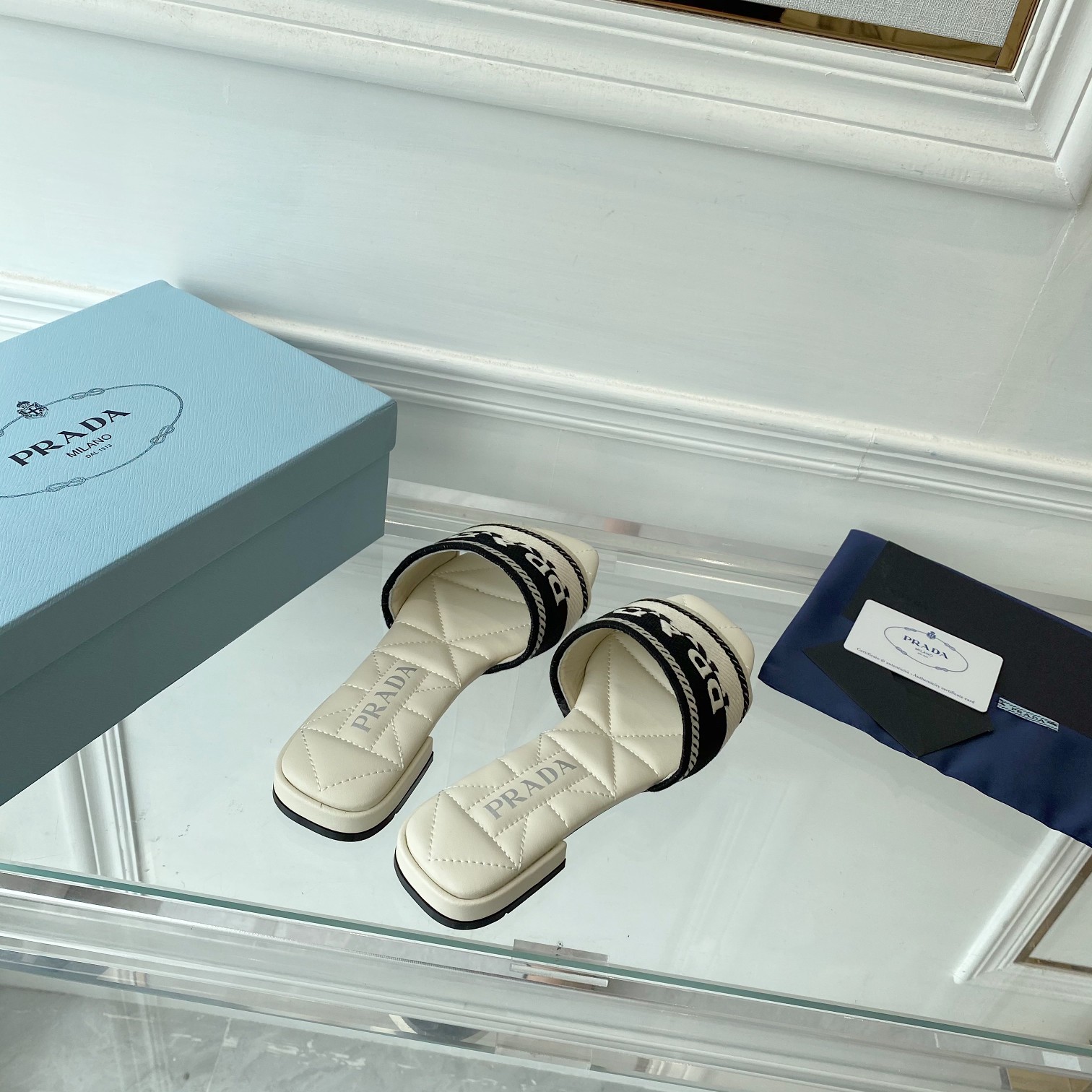 Prada Embroidered Fabric Slides - PerfectKickZ