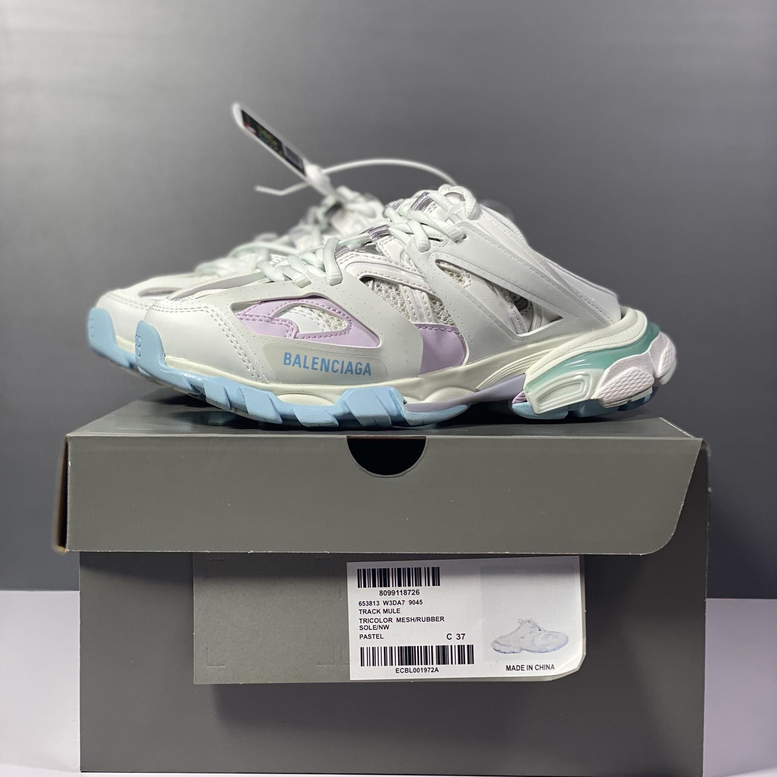 Balenciaga Track Mule In White, Light Blue And Light Pink Mesh And Nylon - PerfectKickZ