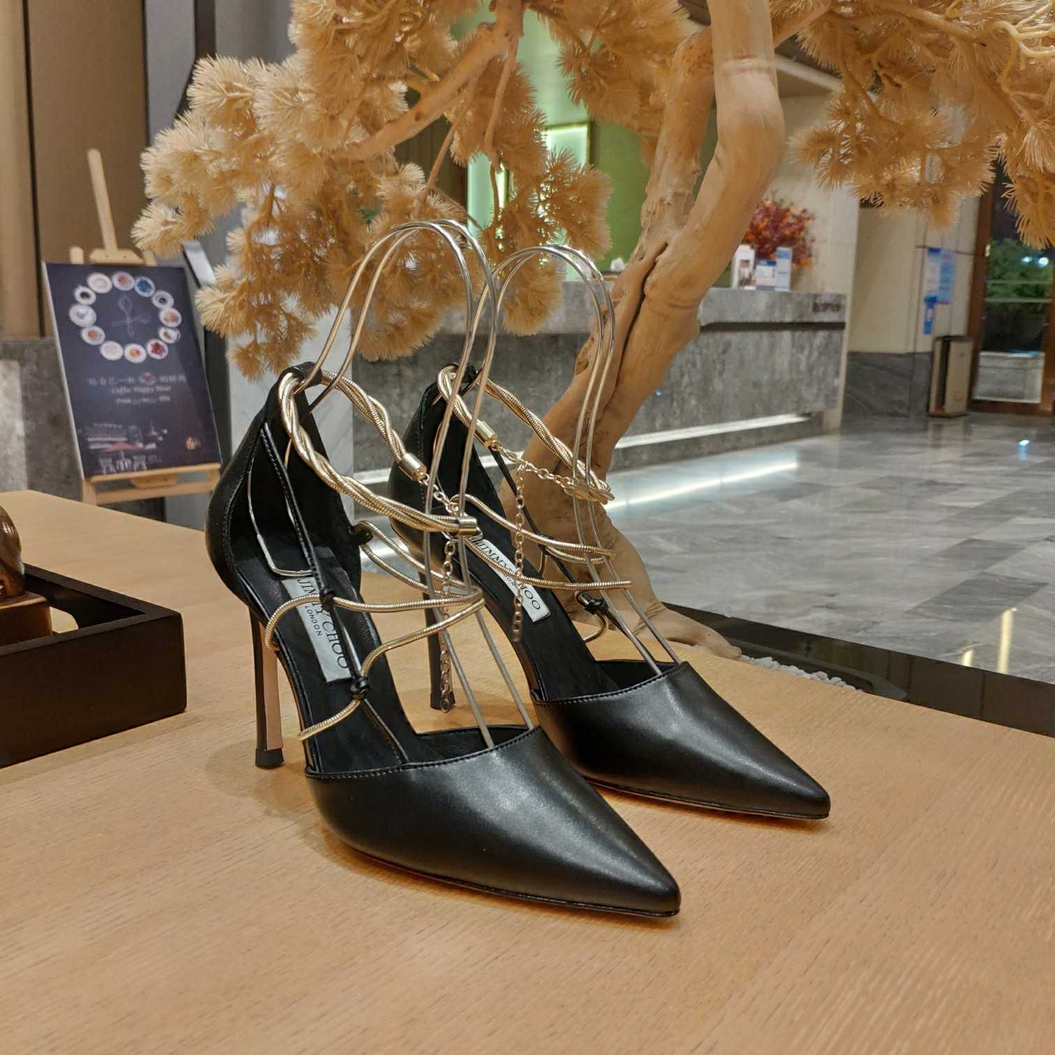 Jimmy Choo Olesia 95 Black Nappa Pumps With Gold Chains - PerfectKickZ