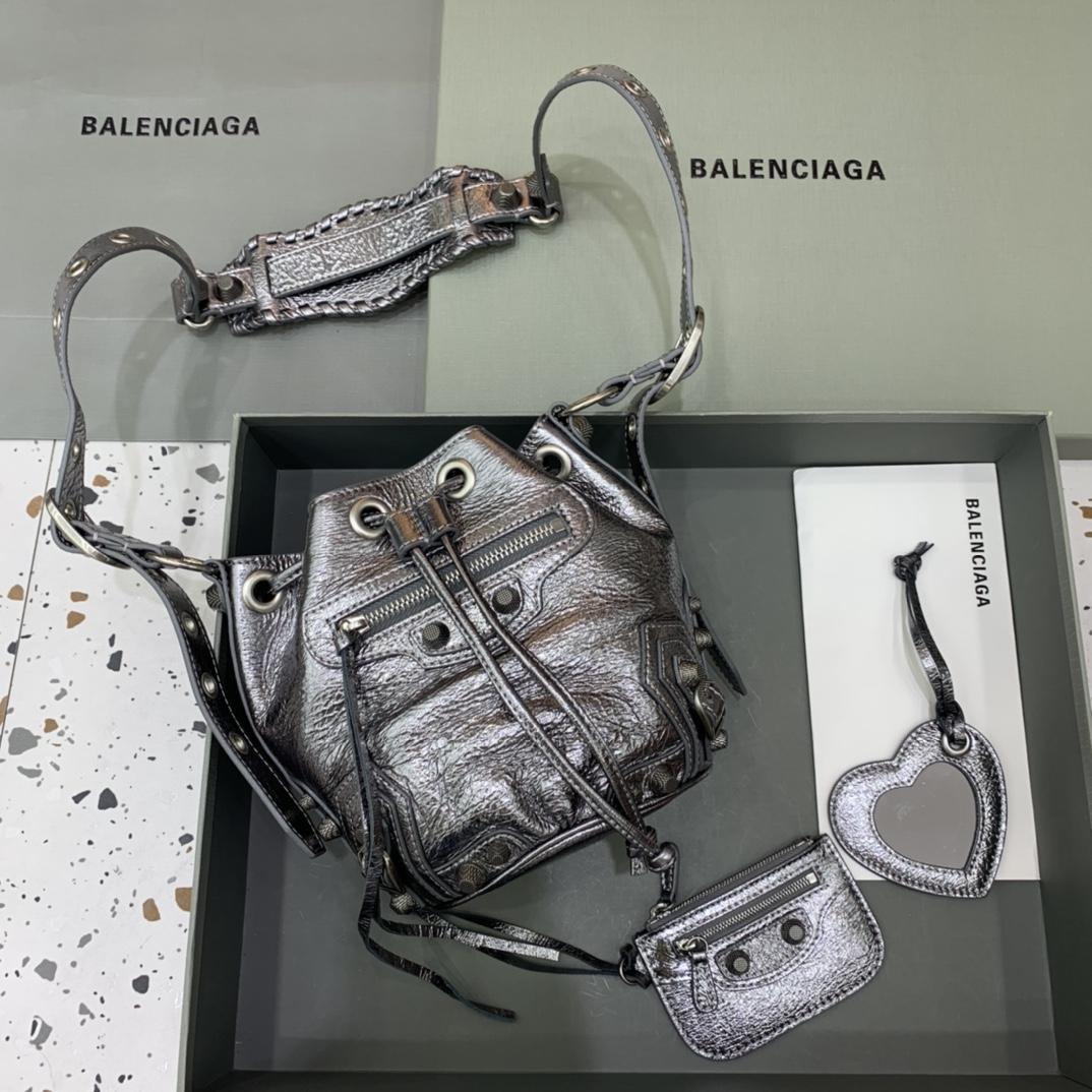 Balenciaga Le Cagole XS Bucket Bag In Silver Metallized Arena Lambskin, Aged-Silver Hardware With White Rhinestones(15-19.8-17.8cm) - PerfectKickZ