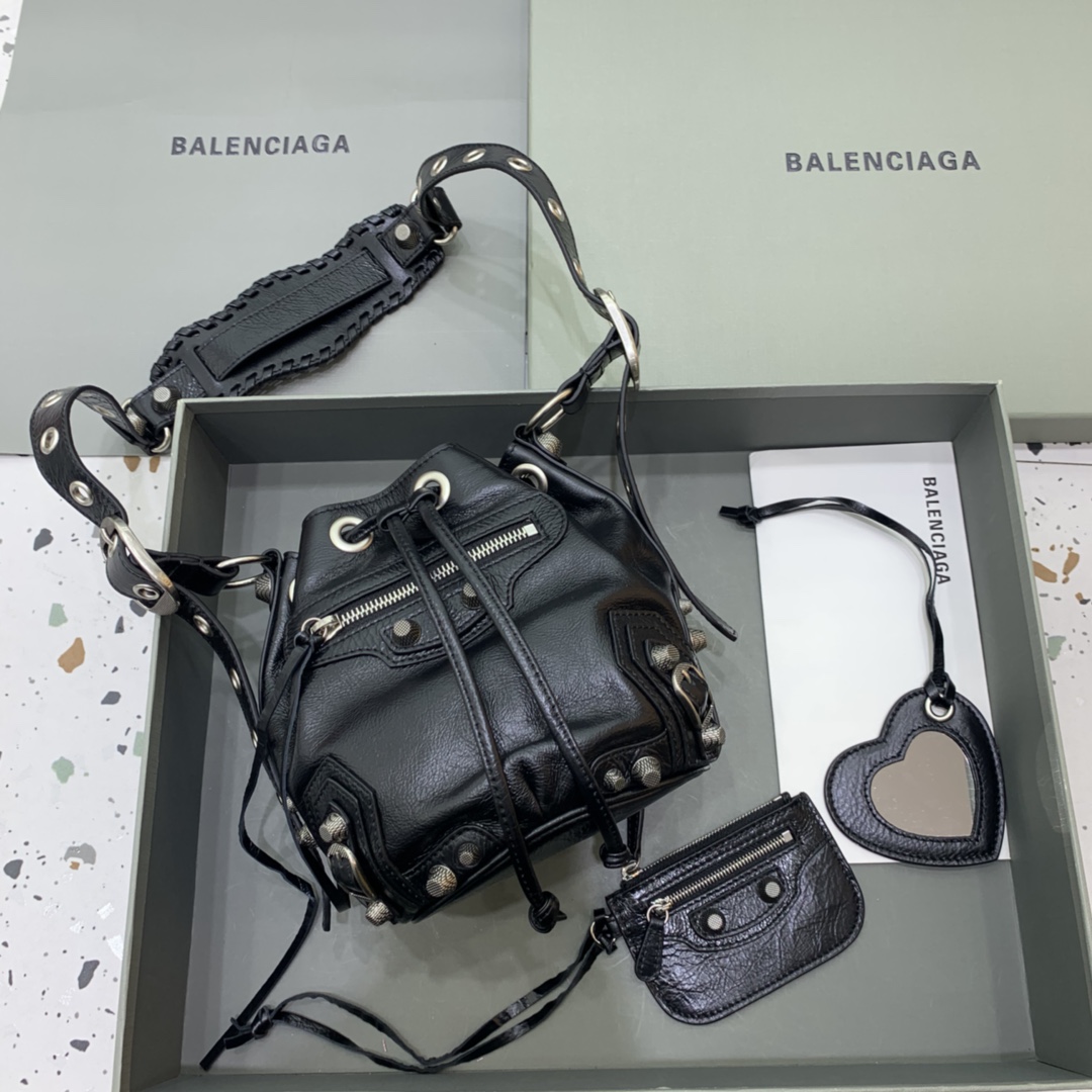 Balenciaga Le Cagole XS Bucket Bag In Black Arena Lambskin, Aged-Silver Hardware(15-19.8-17.8cm) - PerfectKickZ