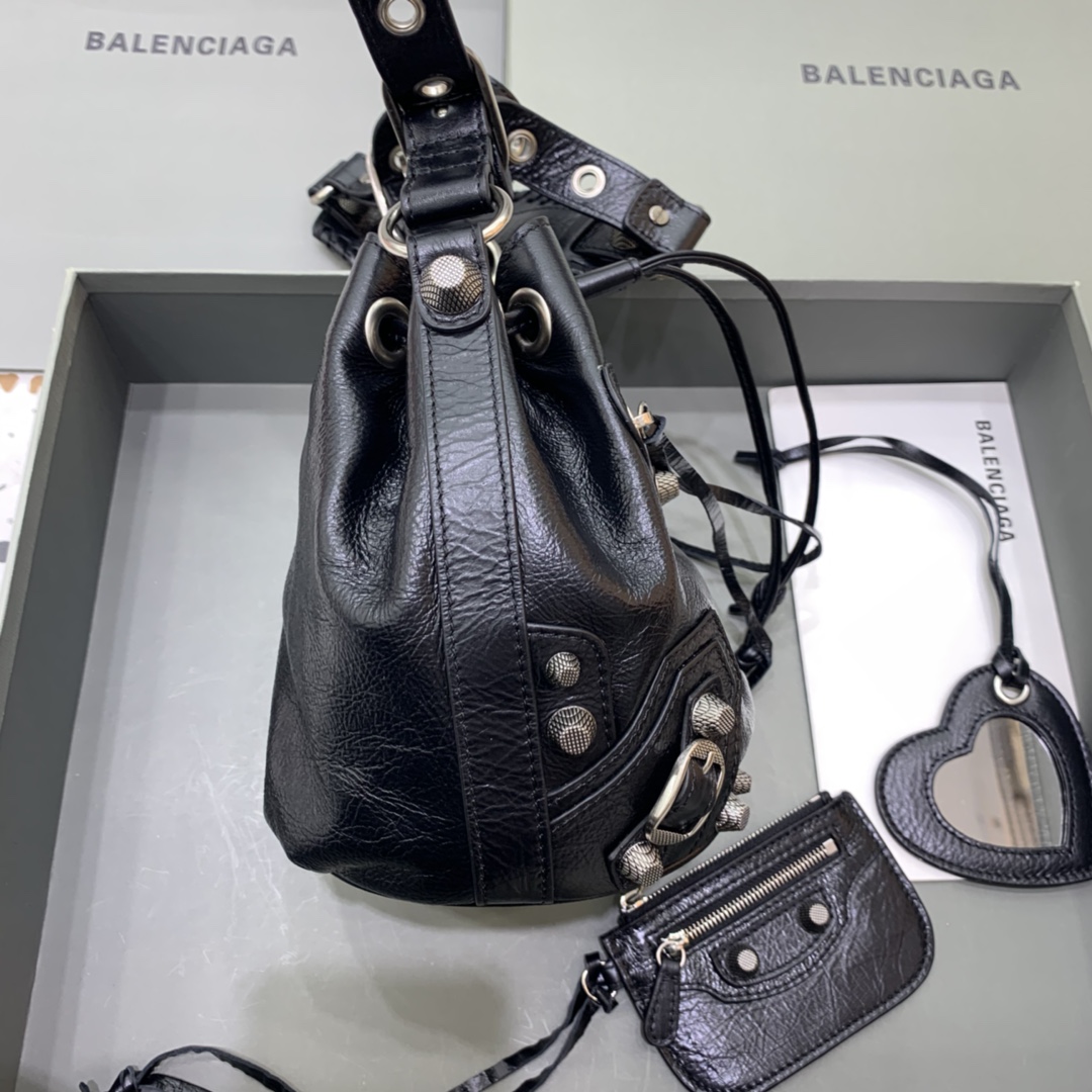 Balenciaga Le Cagole XS Bucket Bag In Black Arena Lambskin, Aged-Silver Hardware(15-19.8-17.8cm) - PerfectKickZ