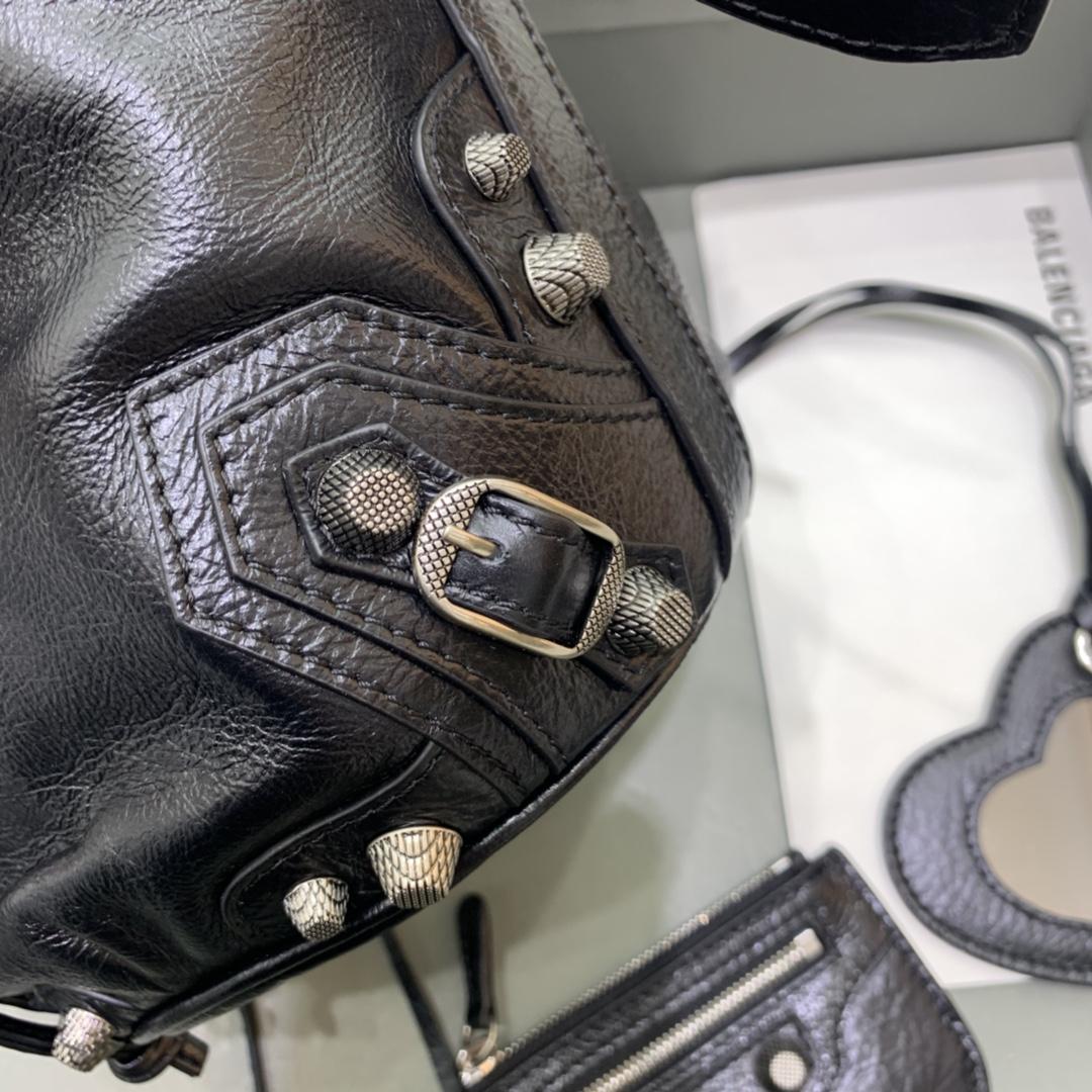 Balenciaga Le Cagole XS Bucket Bag In Black Arena Lambskin, Aged-Silver Hardware(15-19.8-17.8cm) - PerfectKickZ