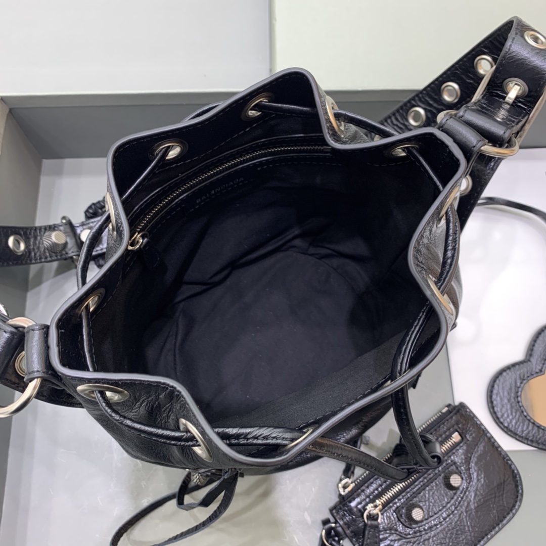 Balenciaga Le Cagole XS Bucket Bag In Black Arena Lambskin, Aged-Silver Hardware(15-19.8-17.8cm) - PerfectKickZ