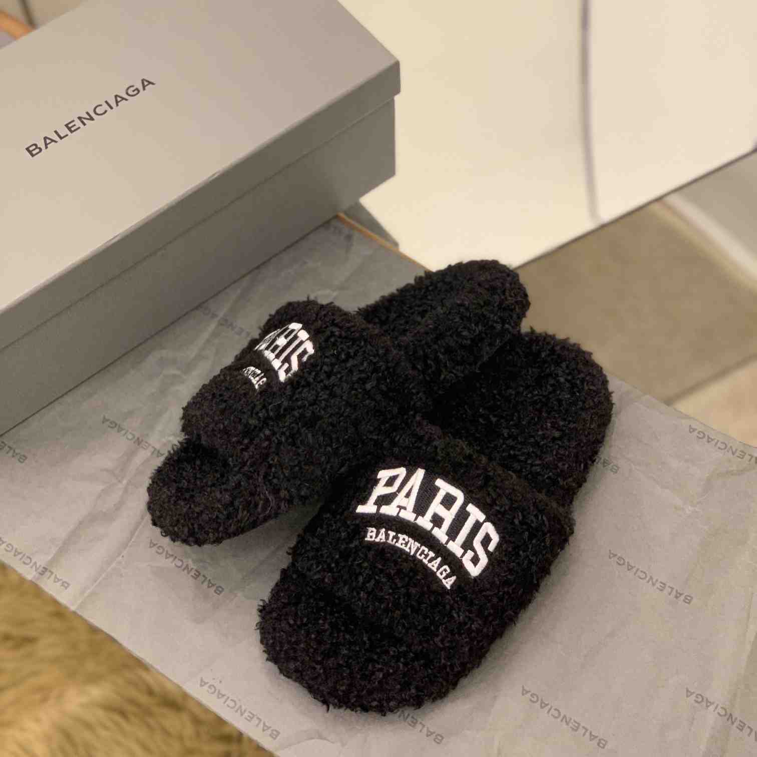 Balenciaga Cities Paris Furry Slide Sandal  - PerfectKickZ