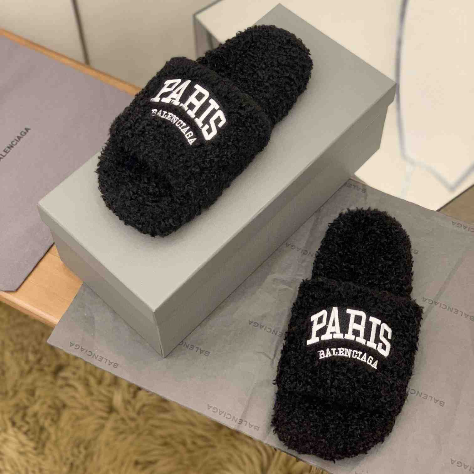 Balenciaga Cities Paris Furry Slide Sandal  - PerfectKickZ