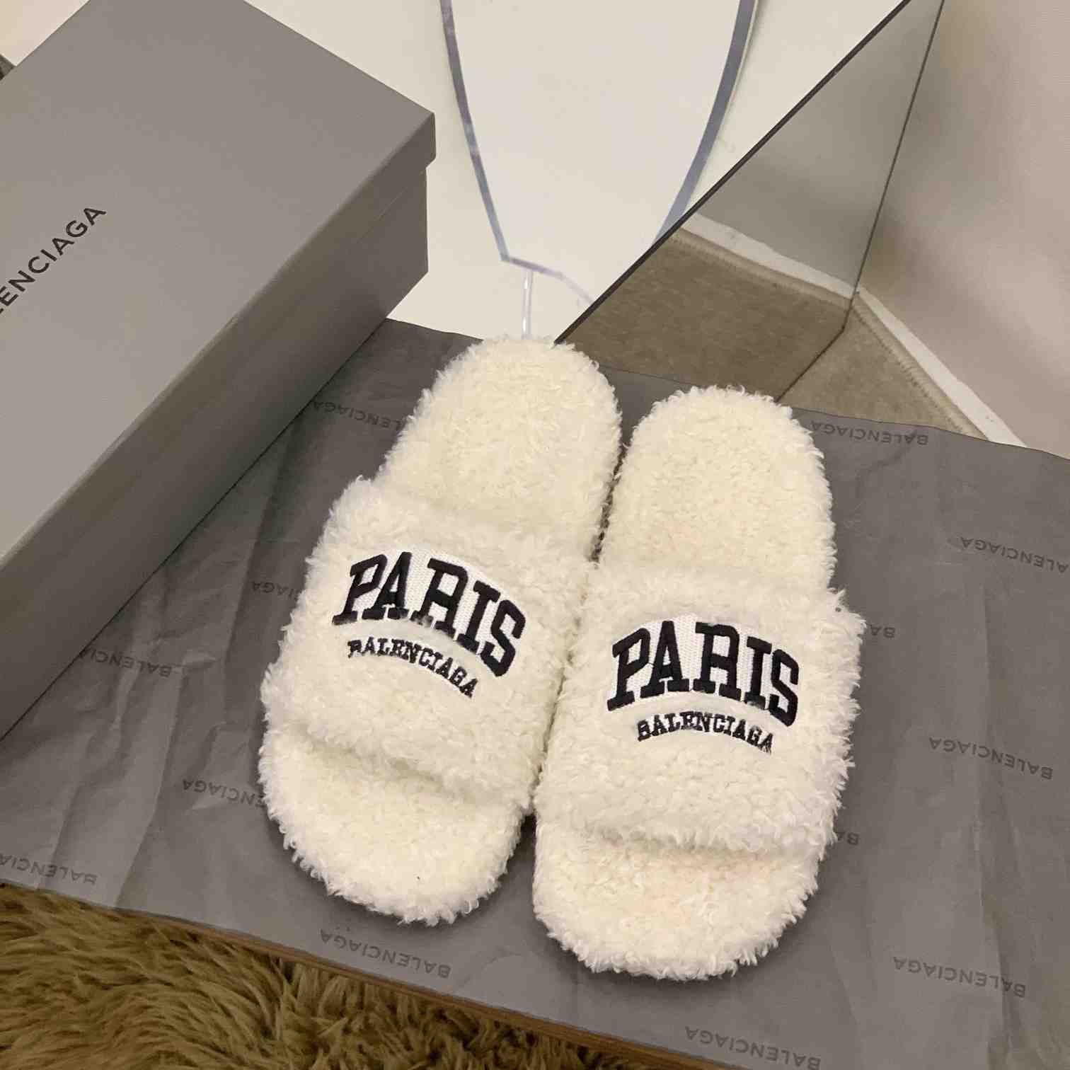Balenciaga Cities Paris Furry Slide Sandal  - PerfectKickZ