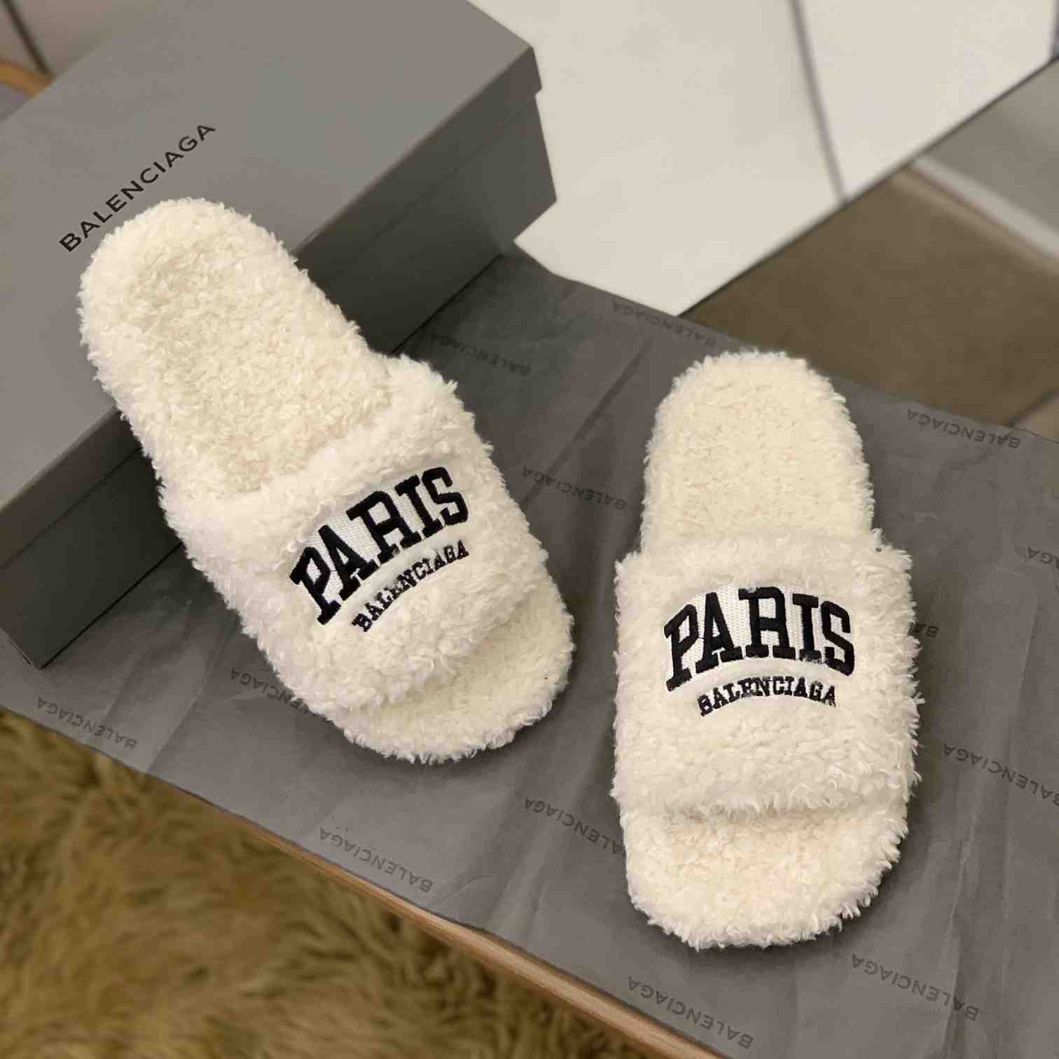 Balenciaga Cities Paris Furry Slide Sandal  - PerfectKickZ