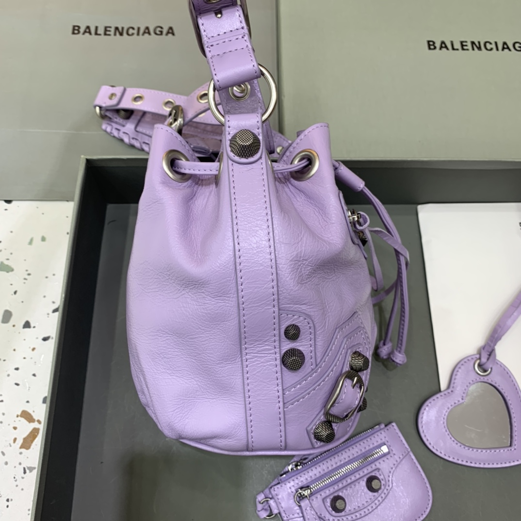 Balenciaga Le Cagole XS Bucket Bag In Light Purple Arena Lambskin, Aged-Silver Hardware(15-19.8-17.8cm) - PerfectKickZ