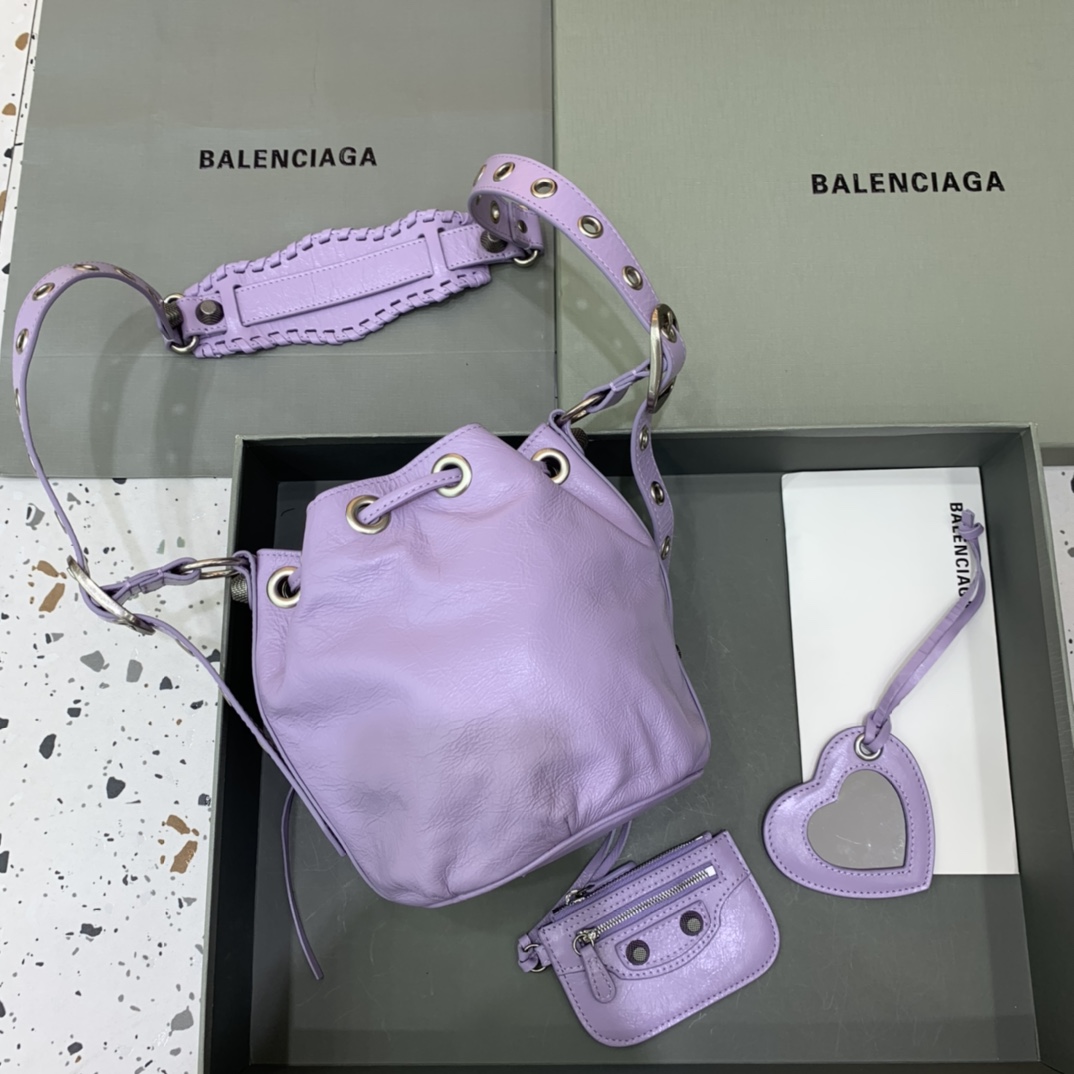 Balenciaga Le Cagole XS Bucket Bag In Light Purple Arena Lambskin, Aged-Silver Hardware(15-19.8-17.8cm) - PerfectKickZ