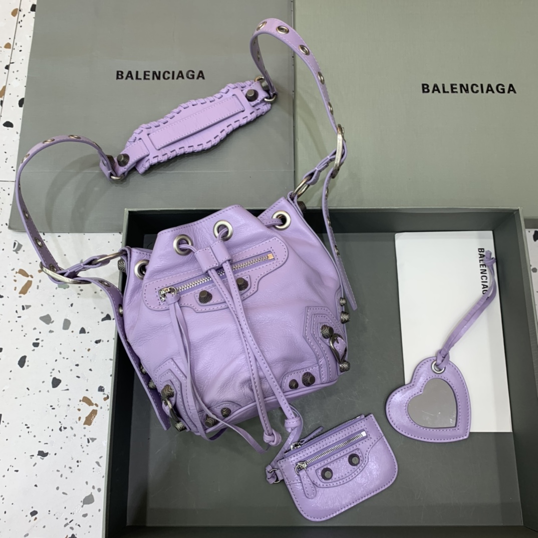 Balenciaga Le Cagole XS Bucket Bag In Light Purple Arena Lambskin, Aged-Silver Hardware(15-19.8-17.8cm) - PerfectKickZ