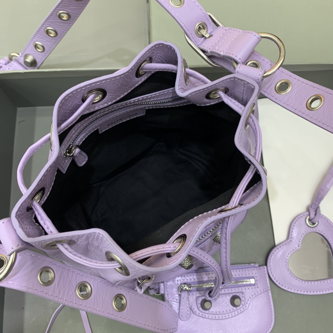 Balenciaga Le Cagole XS Bucket Bag In Light Purple Arena Lambskin, Aged-Silver Hardware(15-19.8-17.8cm) - PerfectKickZ