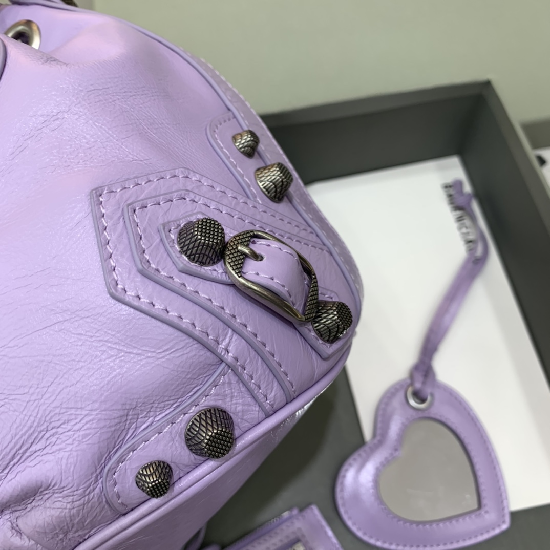 Balenciaga Le Cagole XS Bucket Bag In Light Purple Arena Lambskin, Aged-Silver Hardware(15-19.8-17.8cm) - PerfectKickZ