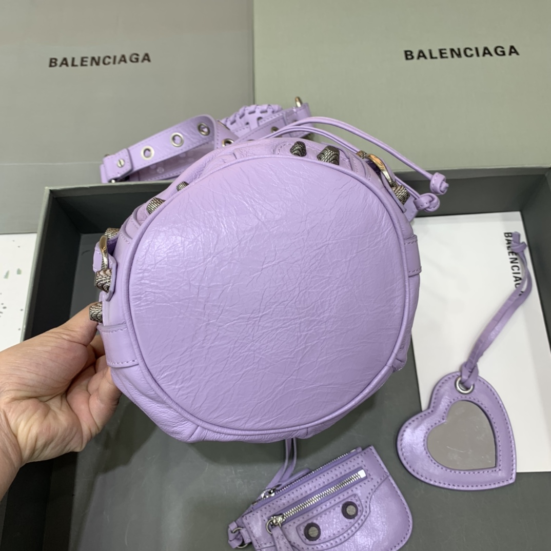 Balenciaga Le Cagole XS Bucket Bag In Light Purple Arena Lambskin, Aged-Silver Hardware(15-19.8-17.8cm) - PerfectKickZ