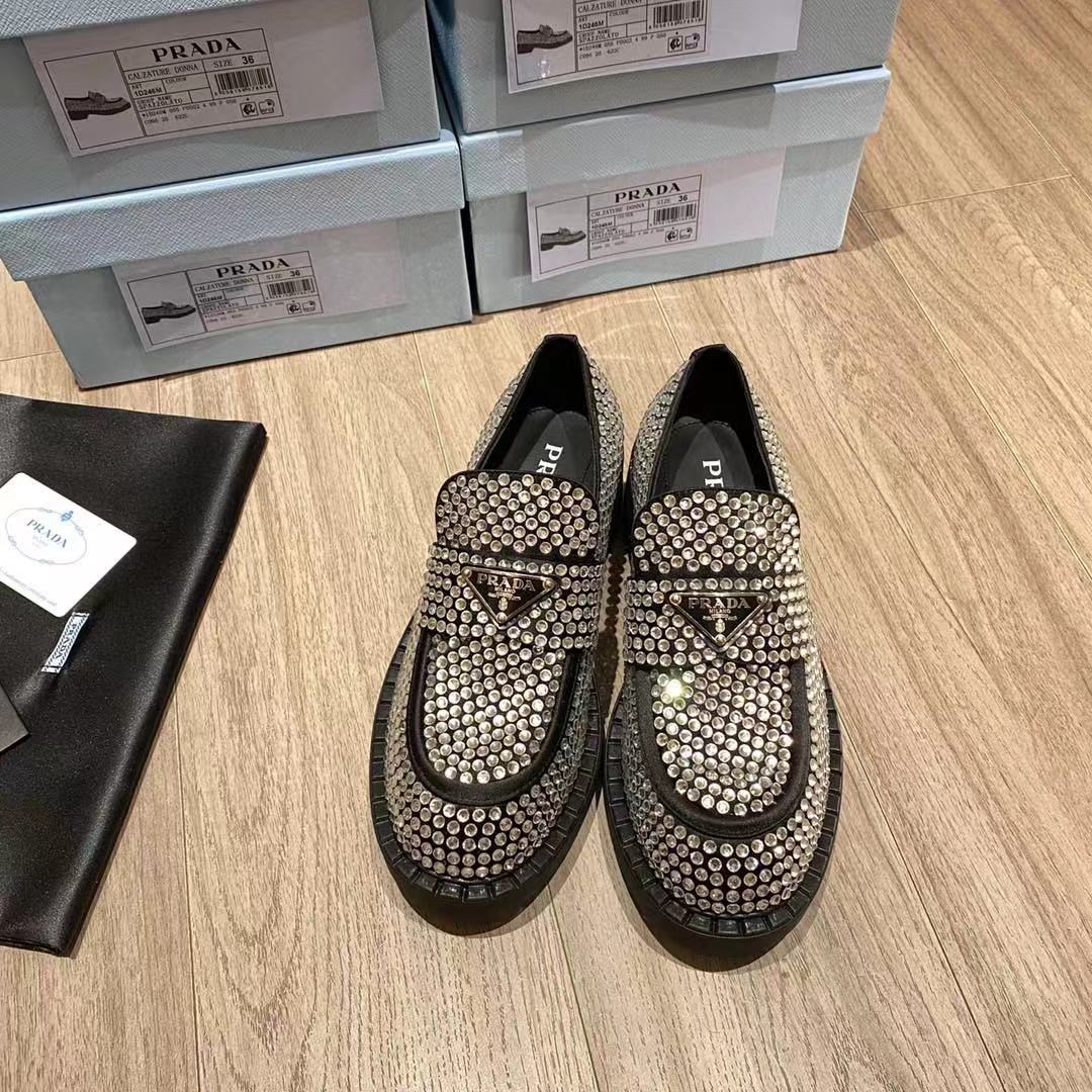 Prada Chocolate Satin Loafers With Crystals - PerfectKickZ