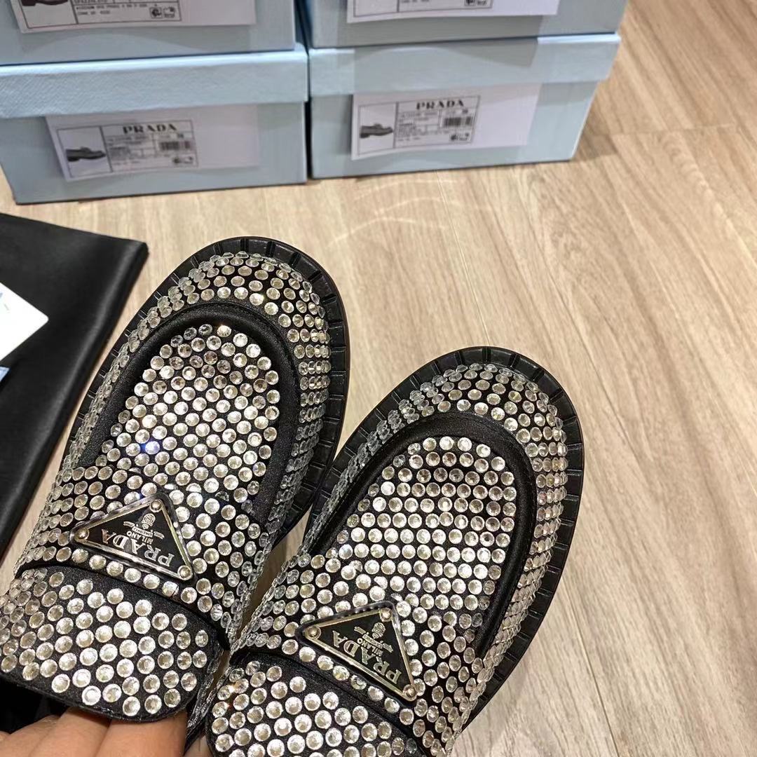 Prada Chocolate Satin Loafers With Crystals - PerfectKickZ