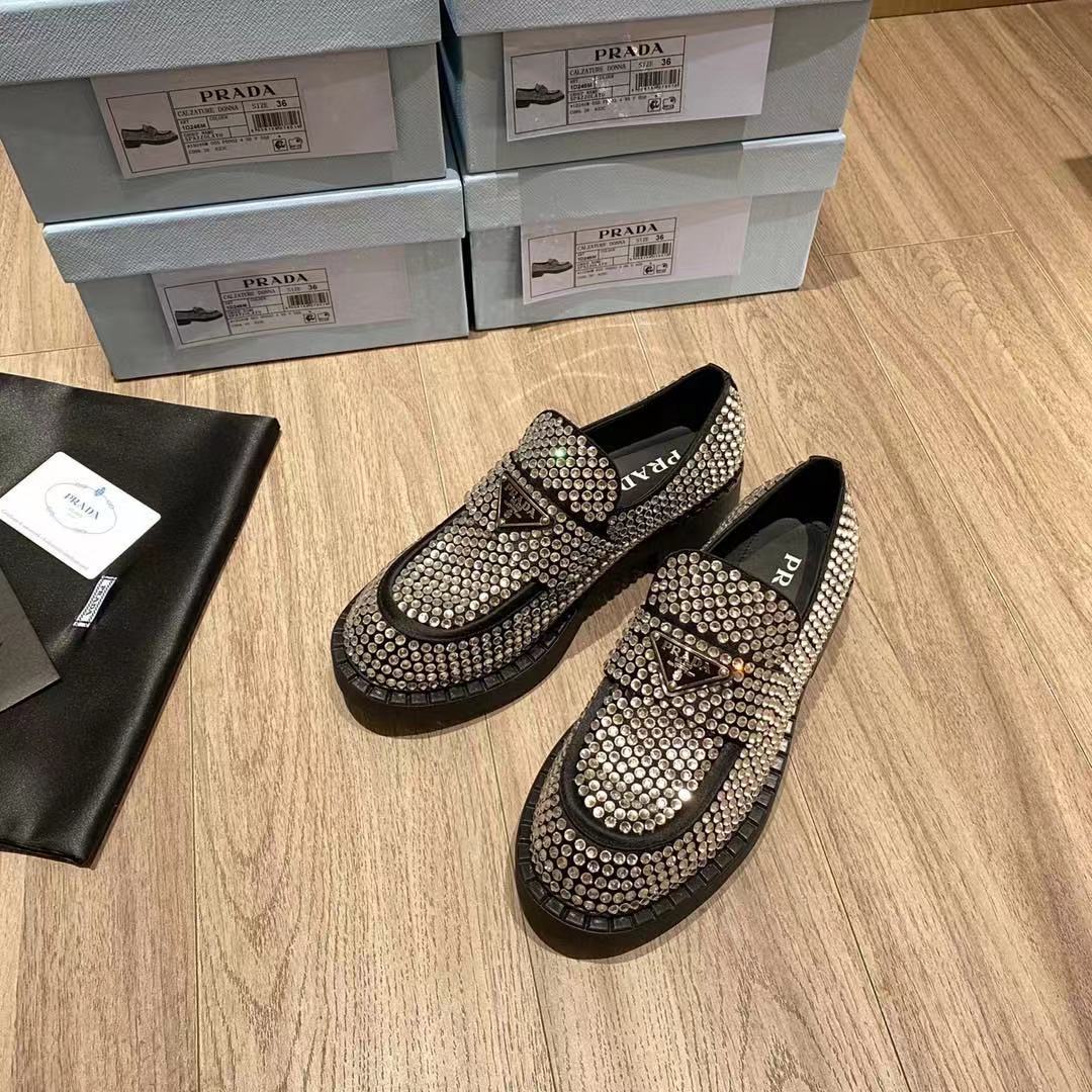 Prada Chocolate Satin Loafers With Crystals - PerfectKickZ
