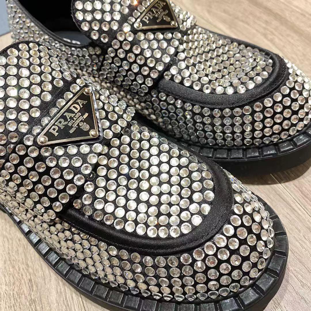 Prada Chocolate Satin Loafers With Crystals - PerfectKickZ