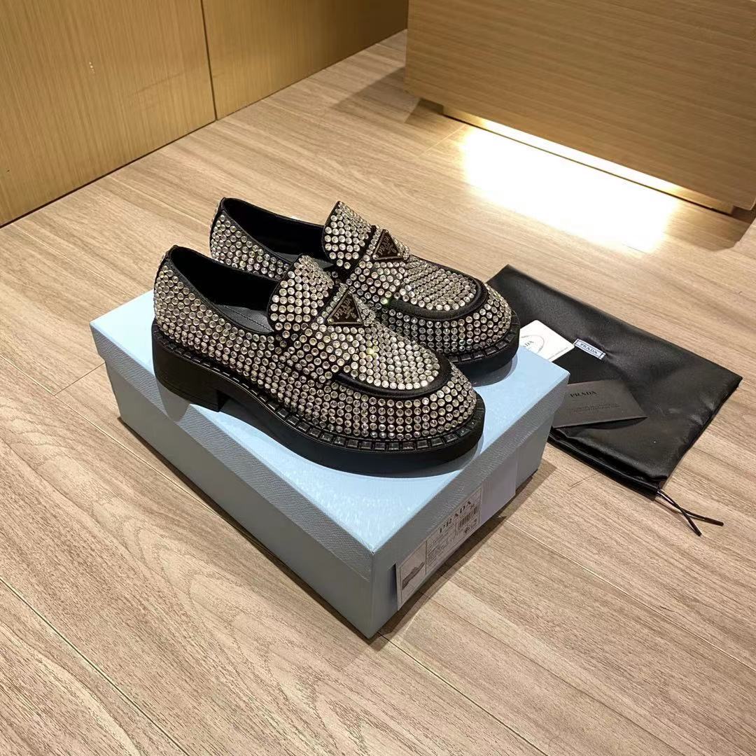 Prada Chocolate Satin Loafers With Crystals - PerfectKickZ