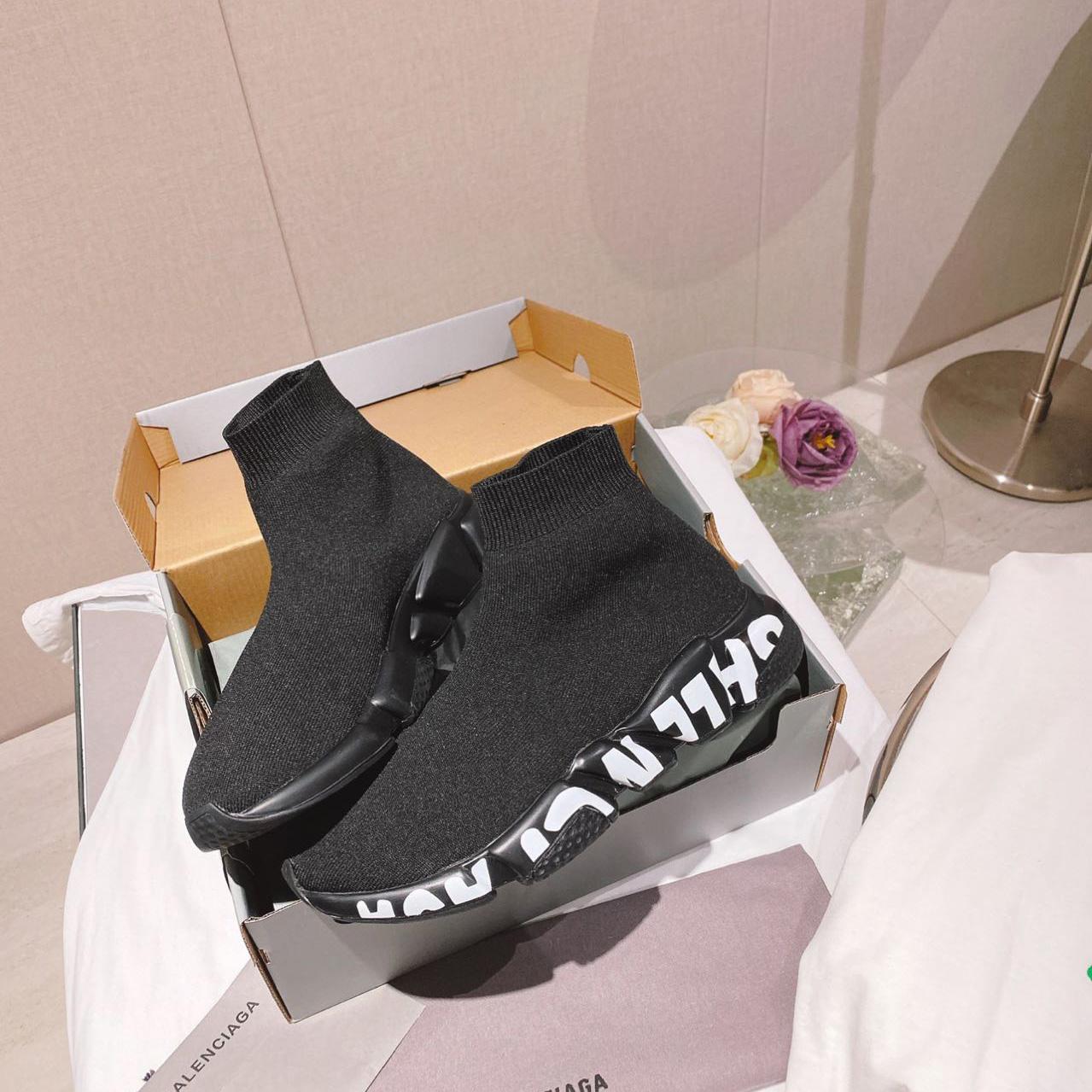Balenciaga Speed Graffiti Sneaker In Black Knit - PerfectKickZ