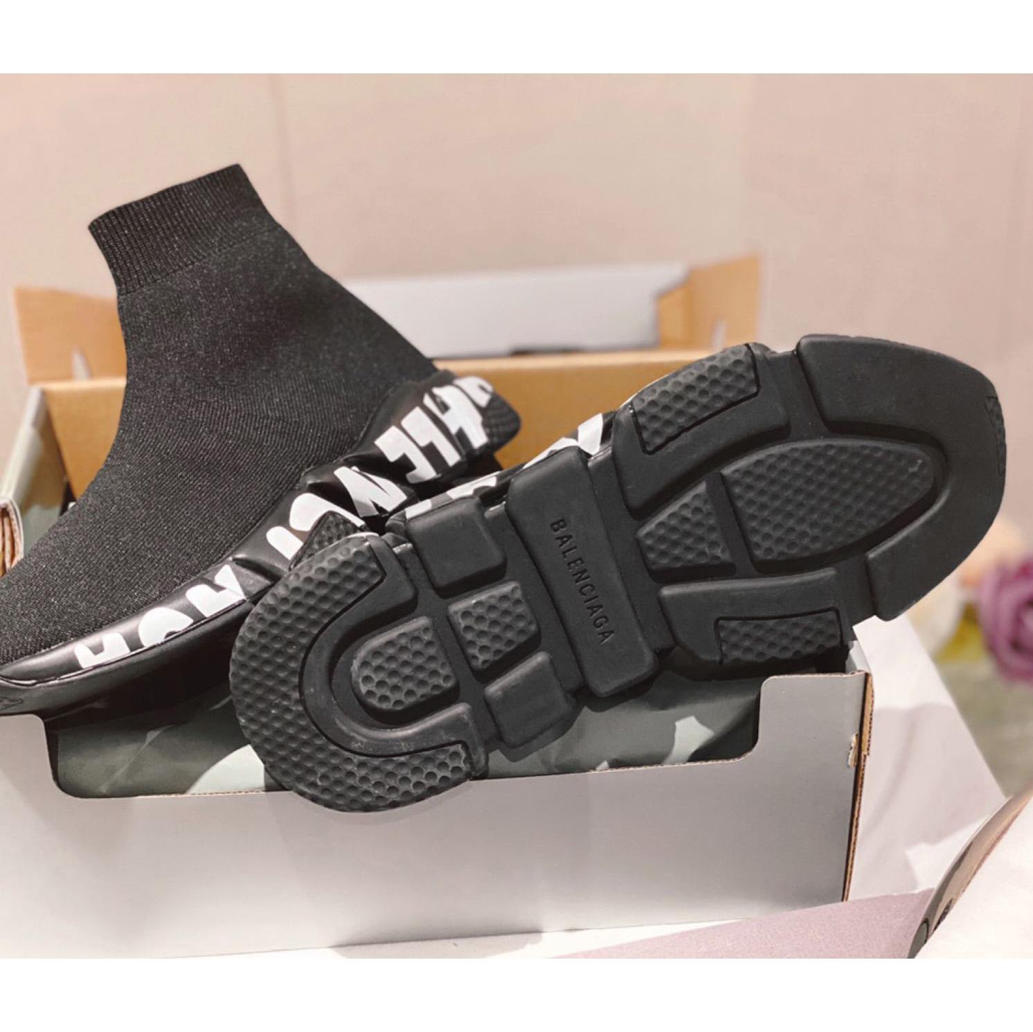 Balenciaga Speed Graffiti Sneaker In Black Knit - PerfectKickZ