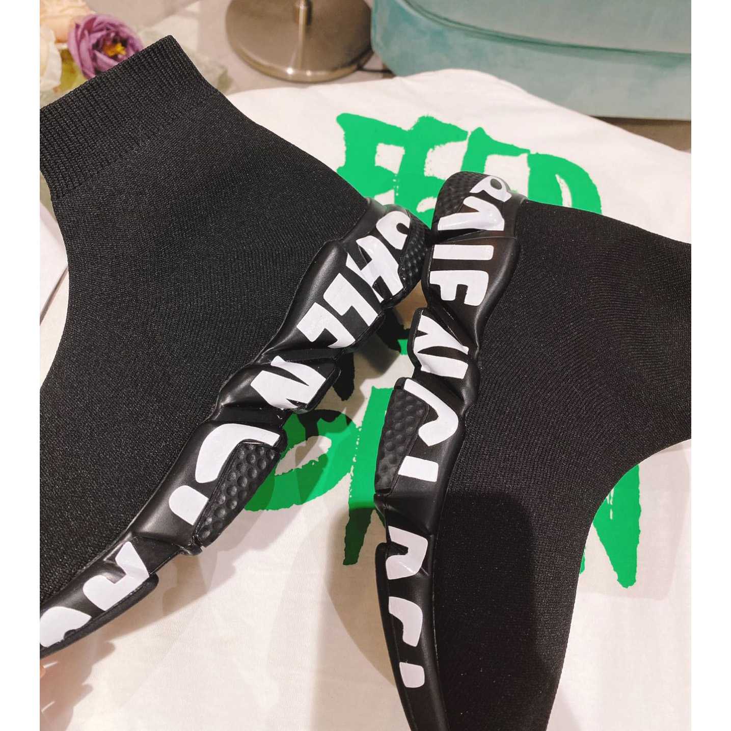 Balenciaga Speed Graffiti Sneaker In Black Knit - PerfectKickZ
